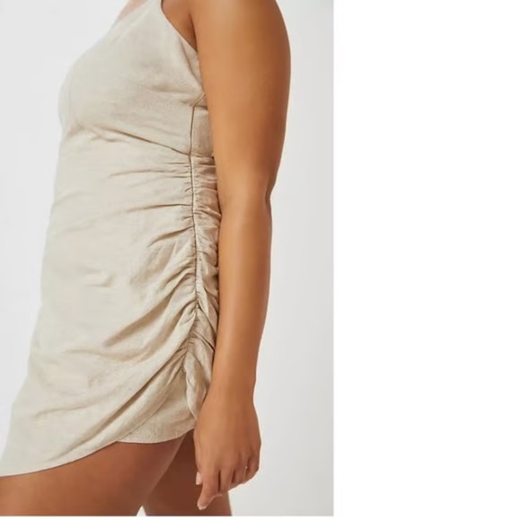NWT Anthropologie Flat White Linen Asymmetrical Mini Dress Beige Back Cut Out 1X - Picture 5 of 8
